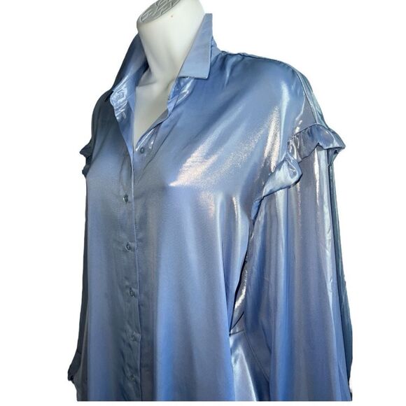 FREE PEOPLE Light Blue Oversized Ruffle Long Sleeve Holographic Shirtdress M. - Picture 2 of 5